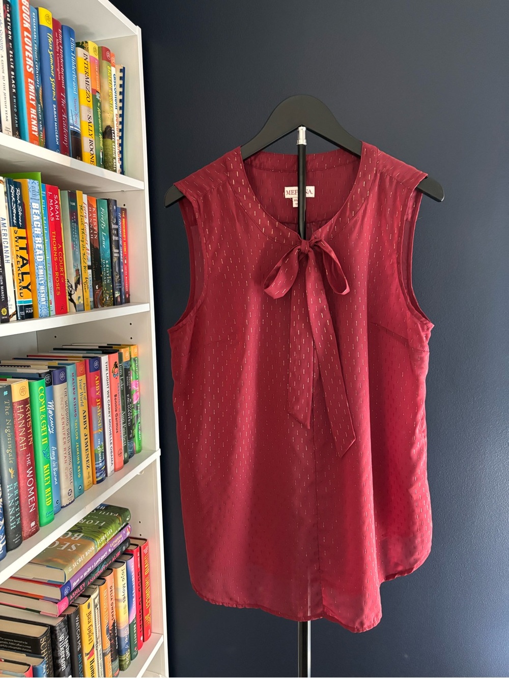 Merona sleeveless blouse with metallic detailing and a tie-neck neckline